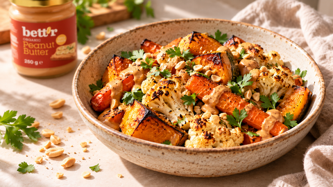 Dovleac, morcovi și conopidă coapte, cu sos de arahide, într-un bol ceramic.
