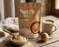 organic maca powder on woden board with maca root